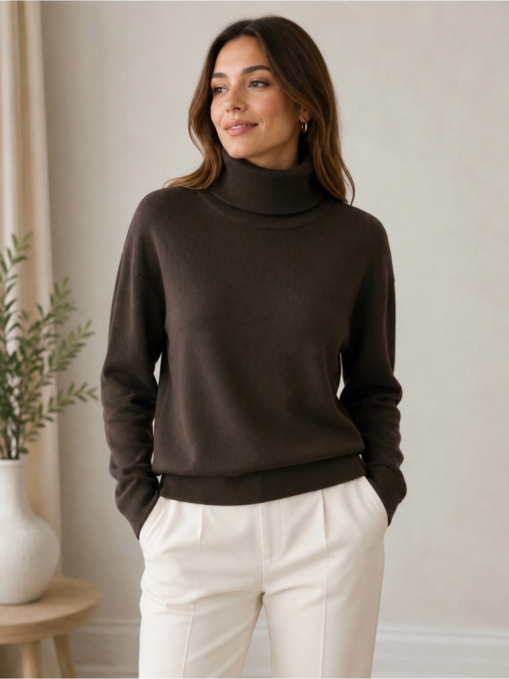 Linda Allard Ellen Tracy Wool Silk Sweater Petite L Chocolate Brown Classic.